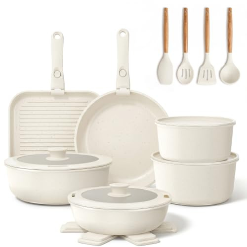 YASHE Batería de cocina 21 piezas, inducción, atóxica, sin PTFE ni PFAS | Juego de Sarténes y Ollas Atóxica con Mango Extraíble, Ollas Apilables, Juego Ahorrador de Espacio para Caravana, Sin PFOA