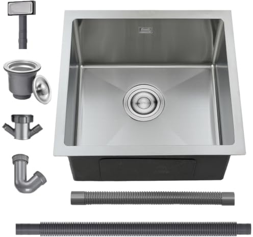 Boomhoze Evier Cuisine 40 X 45 cm, Evier Inox 1 Bac, Brossé | Montage Encastré, Sur Plan Ou Sous Plan, Avec Trop-Plein Et Filtre de Vidange, Idéal Pour Appartement Et Chalet