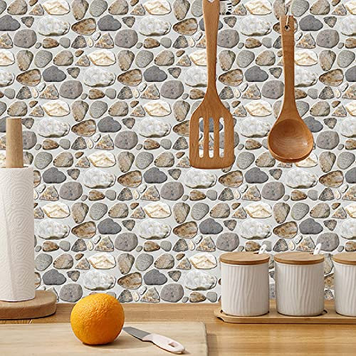 Fliesenaufkleber Beige Kieselsteine Klebefliesen 3D Küchenrückwand Folie Wasserdicht Fliesenfolie Vinyl Selbstklebende Fliesen Aufkleber Fliesen für Wohnzimmer und Küche Deko 6 Stück(15X30cm)