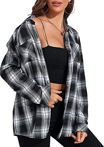 KevaMolly Plaid Flannel Shirts for Women Long Sleeve Black White M