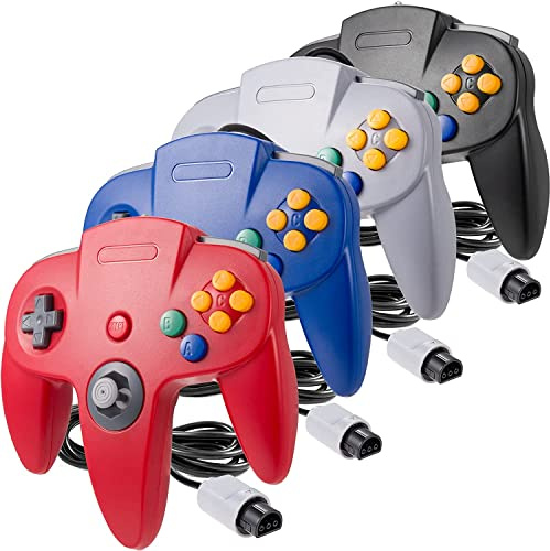 Miadore Lot de 4 manettes classiques N64, manette de jeu filaire classique N64 avec joystick amélioré (version USB non PC) (noir/gris/rouge/bleu)