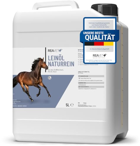 ReaVET Leinöl für Hunde & Pferde 5 Liter I Leinöl Hund Kaltgepresst, Nativ, Reich an Omega 3 & 6 Fettsäuren I Barf-Zusatz, Hochwertiges Barf Öl Hund, Katze, Pferd