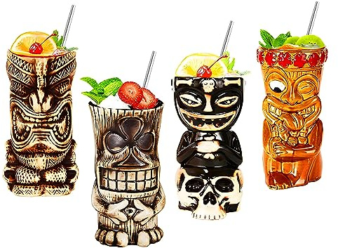 Morlinca Tiki Mugs–Tiki Becher 4er Set–Keramik Tiki gläser Cocktailgläser Tiki Bar deko Tiki Cocktail Party–Tiki Themed Parties–Halloween Parties–Hawaiianische Party,A2