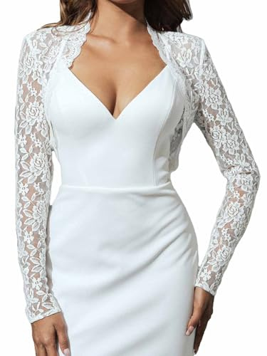 Atigy Bolero e bolero in pizzo a manica lunga per abiti da sera, cardigan corto da sposa, per donna e sposa, bianco, M
