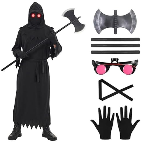 ELINA Grim Reaper Cosplay Kostüm,Sensenmann Kostüm Carnival Halloween Grim Reaper Cosplay with Death Axe Handschuhe Leuchtende Gläser und Maske