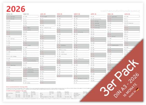 PuK Krämmer GmbH Jahresplaner 2026 A3 3er Pack | 16 Monate mit Ferien und Feiertage | gefaltet auf DIN A4 | 16 Monate Tafelkalender Vorder- und Rückseite DIN A3 quer Wandplaner