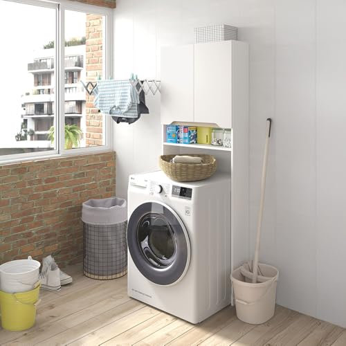 Mobiletto Sopra Lavatrice In Legno Bianco Lucido E Rovere Con 2 Ante E Ripiani Regolabili Linea Brillo, L 63 x P 23 x H 180 Cm, In Kit Di Montaggio