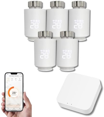 Tête Thermostatique Intelligente Connectée REKA - Contrôle Température Via Appli Tuya, Programmation, Détection Fenêtres Ouvertes - Compatible Assistants Vocaux (5, avec Passerelle)