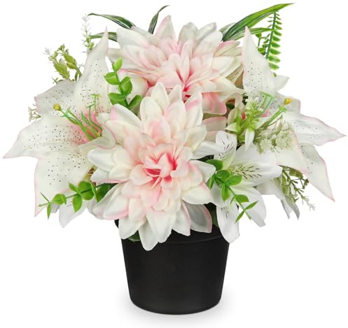 Briful Künstliche Blume im Topf – Realistische Kunstblumen Weiß Rosa – Dahlie, Pfingstrose, Lilie – Tischdeko für Wohnzimmer, Büro, Fensterbank – ca. 25 cm Hoch