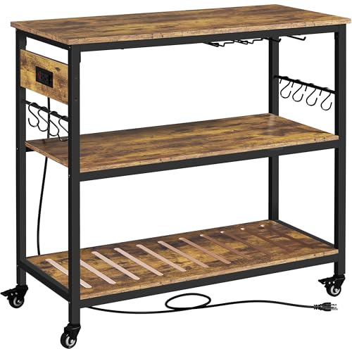 Yaheetech Kitchen Island Cart with Power Outlet, Kitchen Carts on Wheels with Storage, 3-Tier Microwave Stand with Foodpads, Glass and Mug Holders, 8 Hooks, Rustic Brown