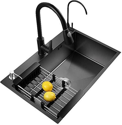 SaryEdge Lavavajillas doméstico de Acero Inoxidable Nano 304 de Tres Agujeros para Cocina con Grifo extraíble(Gris Negro - 60x45x20cm