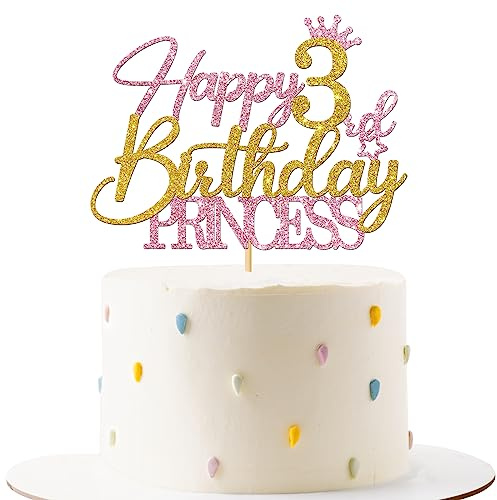 Princess Girl Three Years Old Cake Topper - Happy 3rd Birthday Party Supplies and Decorations - Pink & Gold Glitter