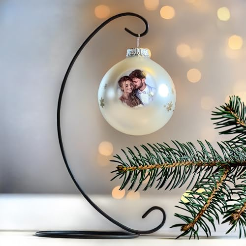 Contento - Personalisierte Glas-Weihnachtskugel Silber mit Ständer – Fotogeschenk aus Echtglas, Weihnachtskugel mit Bild, Weihnachtsdeko und Christmaskugel (silberfarben, Einzelkugel+Ständer)