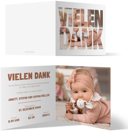 Personalisierte Foto Geburtskarten Babykarten Danksagung Dankeskarte Geburt Mädchen Junge - Fotoschrift, ab 10 bis 100 Stück, großes Bild 148x148mm Klappkarten, dickes 300g/qm Kartonpapier