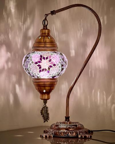 DEMMEX Turkish Moroccan Mosaic Table Lamp–Handcrafted Tiffany-Style Colorful Glass Swan Neck Bedside, Desk Light, Boho Artisan Accent Lighting for Bedroom, Living Room–38cm H, Purple