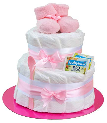 Windeltorte Mädchen 2 stöckig in Rosa mit Babysocken, Geschenke zur Geburt für die Mutter, Taufe oder Baby-Party - Geschenkidee mit neugeborene Windeln - Inklusive Glückwunschkarte