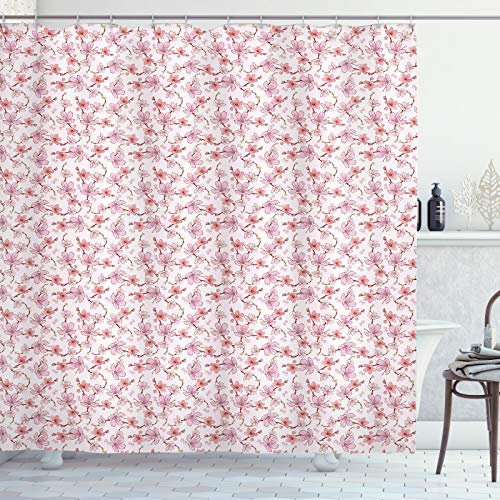 ABAKUHAUS Sakura Duschvorhang, Traditionelles Romantisches Blossom, Stoffliches Gewebe Badezimmerdekorationsset mit Haken, 175 x 240 cm, Rosa Koralle und Brown