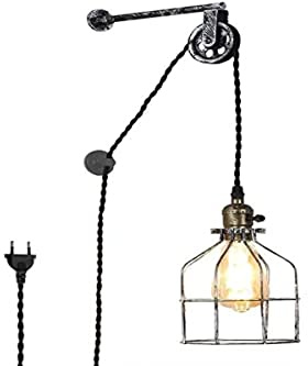 B·LED BARCELONA LED BarcelonaLED Aplique de Pared Vintage con Cable Enchufe e Interruptor Portalámparas Colgante de Polea Industrial con Jaula Plata Casquillo E27
