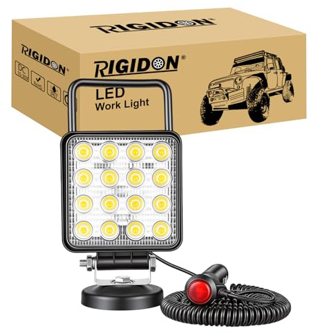RIGIDON 1x lámpara trabajo led portatil 4 pulgadas 48W flood led encendedor | 12V 24V, cable de 5 metros, imán, magnética, para off road camión coche SUV ATV 4x4, 6000K blanca, luz búsqueda, cuadrado