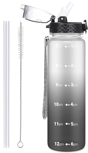 OLDLEY 1L/32oz Sports Water Bottle with Straw, 1000ml Motivational Drinks Bottle with Time Markings Leak Proof Drink & Lock Cover, BPA Free for Gym School Cycling Running Hiking