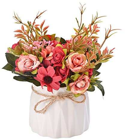 Yorkmills Artificial Flowers with Vase, Fake Flowers Silk Rose Bouquets Arrangements in Ceramics Pot Table Centerpieces Decoration for Home Dining Room Wedding Decor