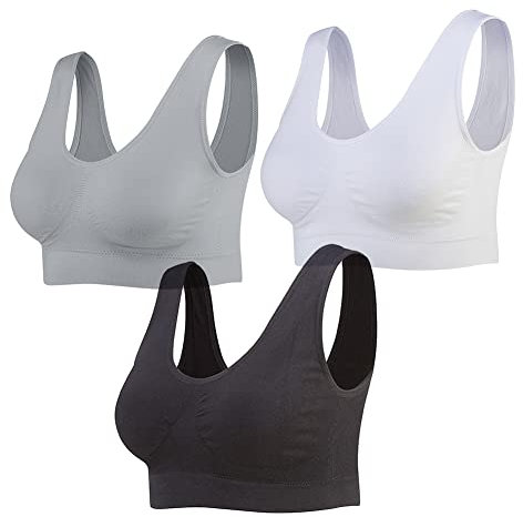 Lemef, Reggiseno Sportivo da Donna, Senza Cuciture e Senza Ferretto, con Cuscinetti Rimovibili, per Yoga, 3 Pezzi, Nero, Bianco e Grigio., M