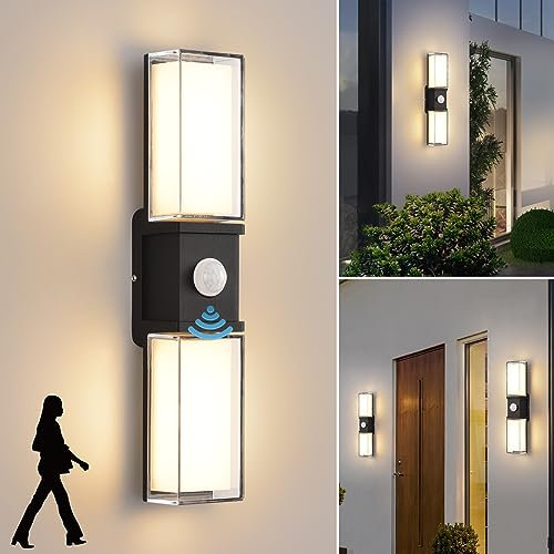 LED Wandleuchte Innen/Aussen mit Bewegungsmelder,12W Wandlampe,IP65 Wasserdichte Außenlampe 3000K Warmweiß Wandleuchten,Modern Up Down Aussenleuchte, Schwarz Aluminium Aussenlampe für Eingang Terrass