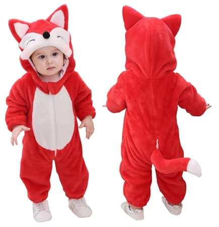 Doladola unisex baby med huva tecknat djur sparkdräkt småbarn overall baby outfit spädbarn pyjamas(3-4 år,Rödfuchs)