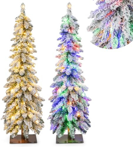COSTWAY 120cm Bleistift Weihnachtsbaum mit Schnee, LEDs in warmweiß und bunt | 11 Lichtmodi | Timer, künstlicher Tannenbaum mit Beleuchtung & Metallständer, Christbaum Kunstbaum Weihnachten, Weiß