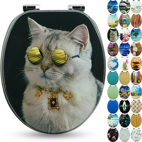 SANFINO® Premium WC Sitz mit Absenkautomatik – hochwertige Toilettendeckel aus Holz, viele bunte Motive, hoher Sitzkomfort, einfache Montage inklusive Montageanleitung – Boss Cat