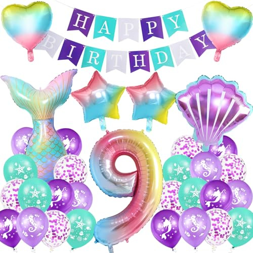 Meerjungfrau Geburtstag Deko 9 Jahre,XXL Regenbogen Zahlen 9 Folien Luftballon,Meerjungfrauen Luftballon 9 Jahre,Geburtstagsdeko Mädchen,Meerjungfrauen Thema Party Set