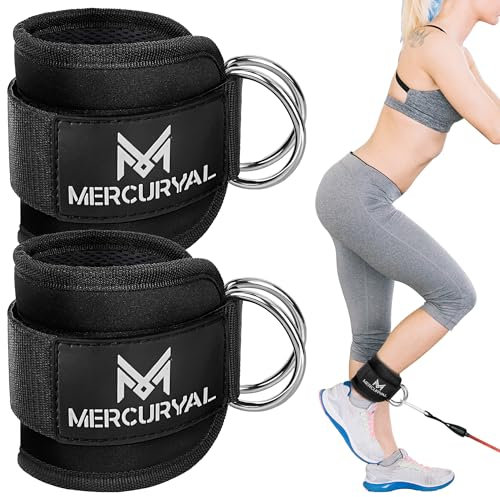 MERCURYAL 2 Tobilleras Poleas Gym V3 - Tobillera para Polea Acolchado para Mujeres y Hombres - Accesorios Gym - Correa Tobillos Gym para Máquina de Cable Fitness y Gimnasio (Negro)