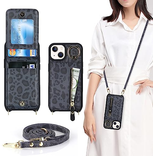 CAVOR Handykette iPhone 13 Mini Hülle Mit Band,Flip Leder Geldborse Handyhülle,[4 Kartenfach][Mit Ring Stander][Schnalle],Klapphülle Handyhülle - Schwarz Leopardenmuster