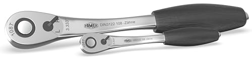 FAMEX 10635 - Cricchetto reversibile a leva da 1/2 e 1/4 con pulsante di attivazione, dentatura fine a 108 denti, in acciaio al cromo vanadio molibdeno