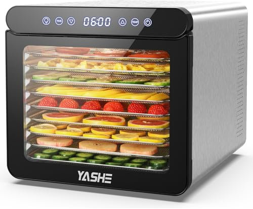 YASHE Deshidratador De Alimentos Con Pantalla LED, Temperatura Hasta 75℃ Y Temporizador De 48H, 9 Bandejas De Acero Inoxidable, 9 Tamices De Malla, 1 Bandeja Para Rollos De Fruta, 800W