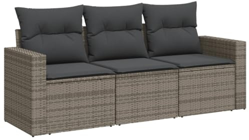 vidaXL 3-TLG. Garten-Sofagarnitur mit Kissen Grau Poly Rattan