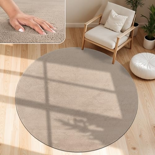 Paco Home Moderner Kuscheliger Wohnzimmer Teppich Kurzflor waschbar flauschig Weich Einfarbig Felloptik zeitlos stilvoll rutschfest pflegeleicht, Grösse:120 cm Rund, Farbe:Taupe