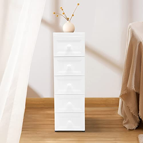 Badrollwagen Rollcontainer Modern Multifunktionales Schrank Mit 5 Schubladen Küchenwagen Rollwagen für Wohnzimme, Schlafzimmer Etc, PP Material, Weiß, 25x34x82cm