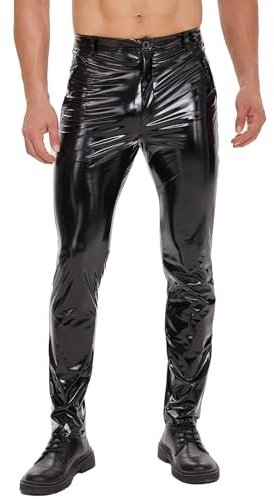xokesy Pantalon en cuir brillant pour hommes, sexy avec fermeture éclair, cuir PU effet mouillé, pantalon en cuir décontracté droit pour hommes pour costume, cosplay, nightclub, noir, Noir , 34