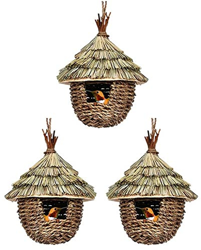Rafstya 3Pcs Bird House Hand Woven Hanging Humming Bird House Outdoor Bird House for Nesting,Natural Grass Bird Nest for Garden,Patio
