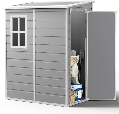 XEMQENER Lean to Garden Storage Shed with Floor, 4.5x3.6 FT Lockable Plastic Garden Shed with Window, Waterproof Outdoor Plastic Sheds for Gardening Tools & Equipment, 138x110x192cm, Grey