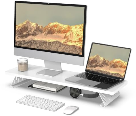 Fenge Skärmhylla, 80 cm Stor Datormonitorställning för 2 skärmar, Skrivbordsorganisatörställning för PC, Laptop, Skrivare, TV-skärm, 80 × 23,5 × 10 cm, Maximal bärkapacitet 25 kg, Vit