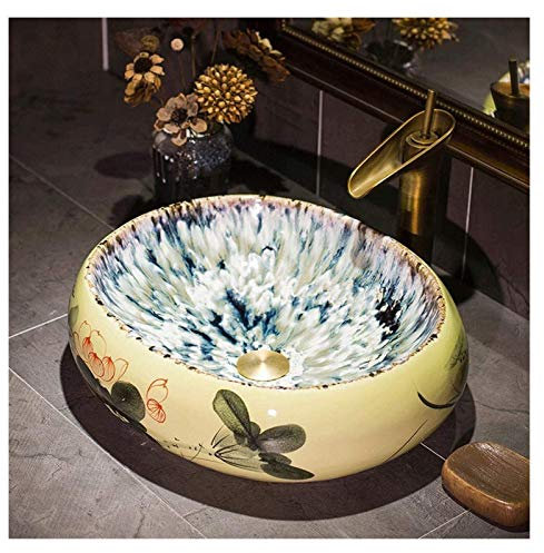 Éviers à Poser, Lavabo de Salle de Bain au-Dessus du comptoir, Vasque à Poser en céramique, Vasque à Poser for hôtel, Toilettes, Cuisine, Motif Lotus dégradé de Couleurs, 19