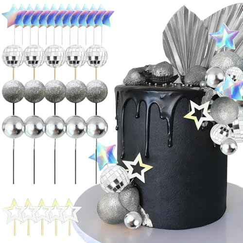 JeVenis Disco Ball Cake Topper Dancing Queen Cake Topper | 80s Cake Decorations Silver Cake Balls Silver Cake Decorations Disco Ball Cake Toppers