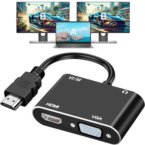AKWOR HDMI to VGA+HDMI Adapter for Dual Monitor, HDMI to VGA & HDMI Splitter 1 to 2,1080P@60HZ Full HD Display Video Converter Compaitble with Windows/Mac Os/Linux, Plug & Play
