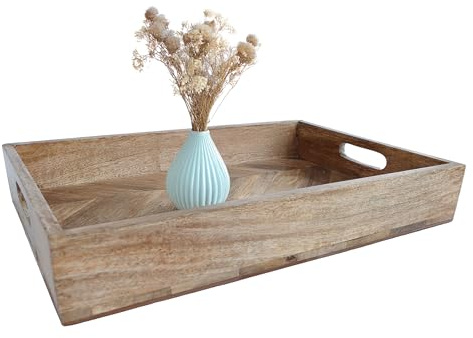Mango - Vassoio decorativo naturale con manici, 40 x 27 cm, in legno con bordo, rettangolare, decorazione da tavolo, tovagliolo, candele, vassoio Natale