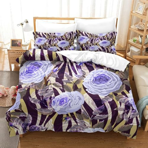 English Roses Zebra Skin 3Pcs Bedding Set Full Size for Kids Boys Girls Ultra Soft 3D Duvet Cover Set Comforter Set with Zipper Closure Quilt Set Room Decor, Easy Care Super King（260x220cm）