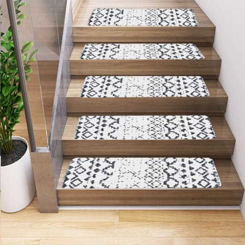 Odot Retro Treppenstufen Matten, Stufenmatten, Treppenteppich, Gummimatte Nationaler Stil, Stufenmatten Innen, 100% Polyester -Rücken für Kinder, Älteste und Haustiere (Schwarz Weiß 2,10Stück)