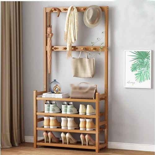 Holzgarderobe mit Schuhaufbewahrung, freistehender Flurbaum mit 12 Haken, Kleiderstange und Bank, ideal für Eingangsbereich, Schlafzimmer und Flur, stilvolles und funktionales platzsparendes Design