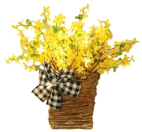 Wnvivi Forsythia Door Basket Wreath,Spring Front Door Basket Wreath,Artificial Forsythia Door Hanging Basket Floral Wreaths for Home Decor (With Lights)